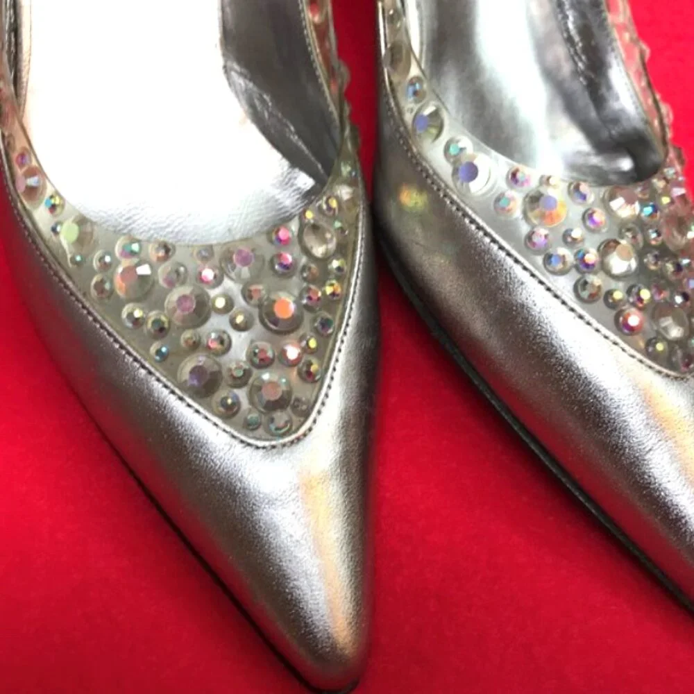 Auc Auc Sergio Rossi Crystal silver kitten heel slingback IT 36 US 6